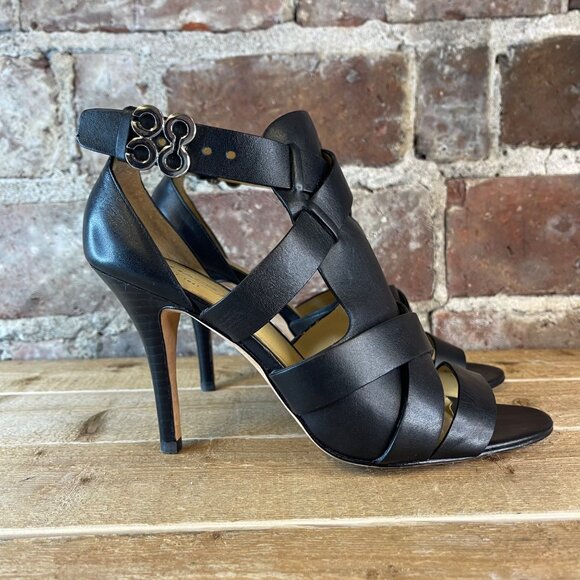 Coach Mila Black Leather Ankle Strap Heel Sandals Size 8 - Picture 1 of 7